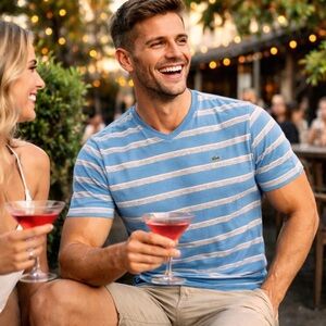 Lacoste Blue and White Striped Short Sleeve Tee